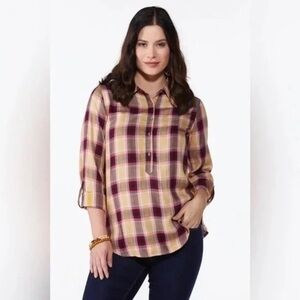 Cato | Button Plaid Popover Top Pale Gold Size Small Boho